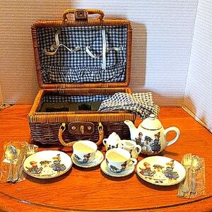 Charming Teddy Bear Or Doll Tea Set with Picnic Basket
